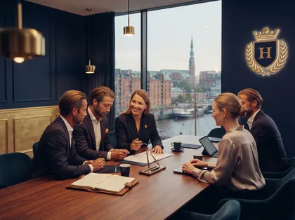 Team-Besprechung am Konferenztisch mit Blick auf die Speicherstadt