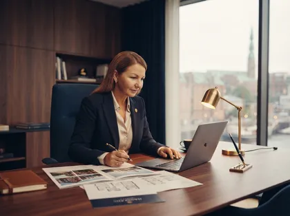 Konzentriertes Arbeiten am Schreibtisch im Immobilienzentrum
